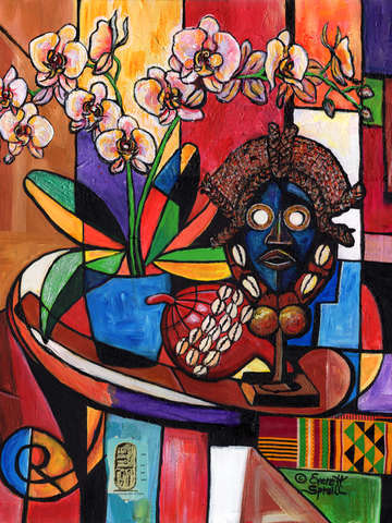 Still life with orchids and african mask