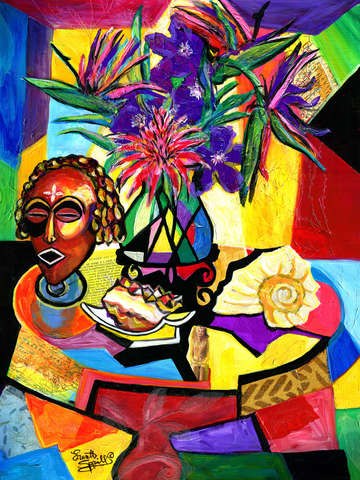 Still life with mask floral and seashell