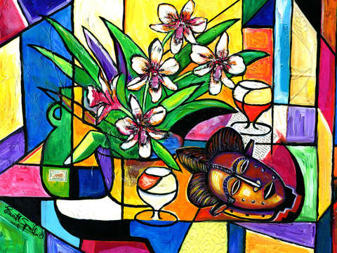Still life with wine orchids and african mask