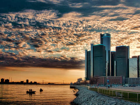 Detroit riverfront sunset color