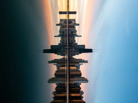 Chicago skyline sunrise reflection on lake michiga