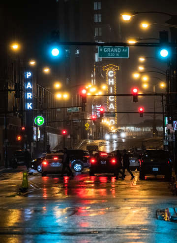 Rainy chicago street at night