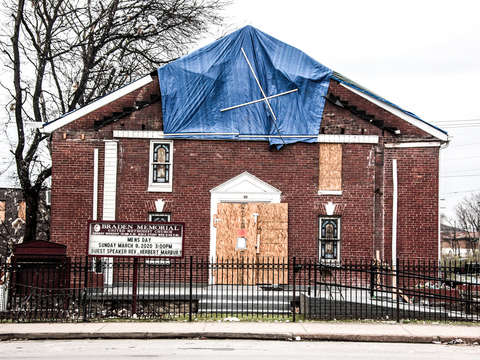 Methodist church with tornado damage