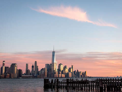 Pink and blue nyc feather skyline