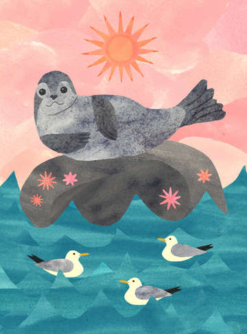 Harbor seal with gulls