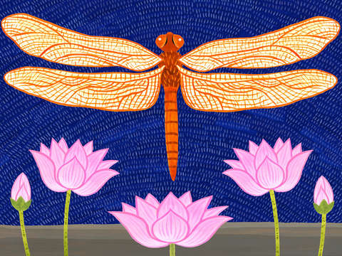 Dragonfly with lotus flowers