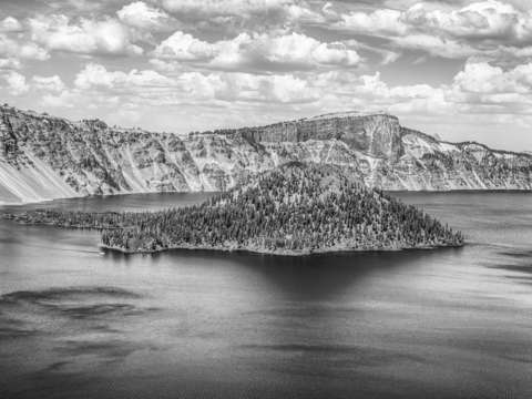 Wizard island crater lake monochrome