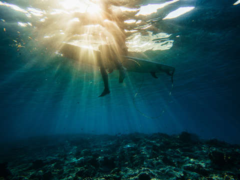 Underwater view of surfer at sunset
