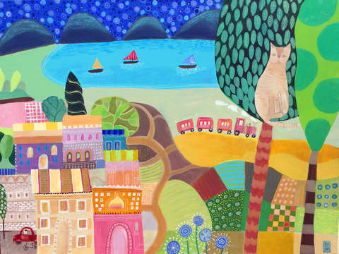 Village with cat in tree