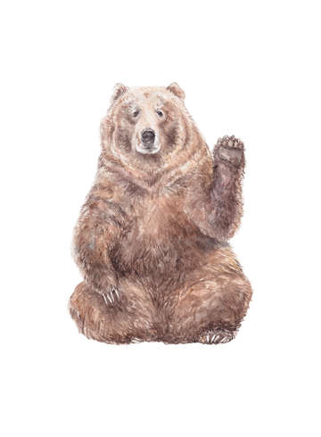Watercolor brown bear waving