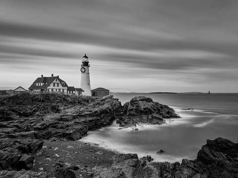 Black and white of the portland head lighthouse