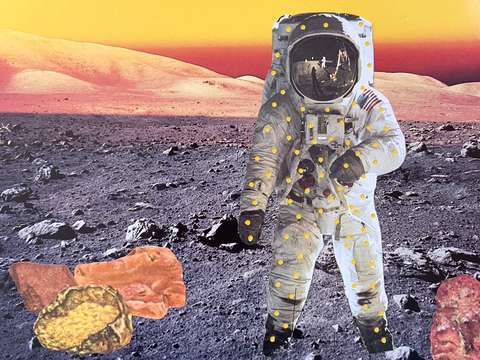 Sun flashed moonscape with astronaut
