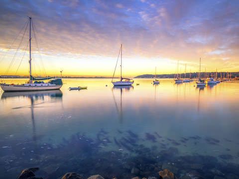 Calm harbor at sunrise