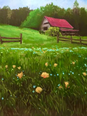 Pink roof and blue wildflowers