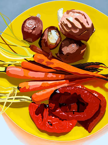 Roasted vegetables on yellow plate