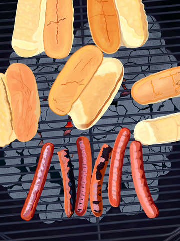 Six hot dogs on the grill