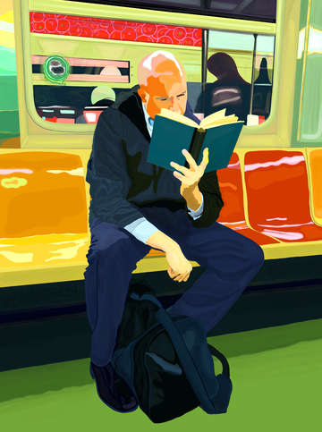 Blue book bald man