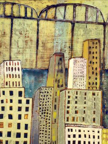 Cityscape with bridge in soft yellows grays