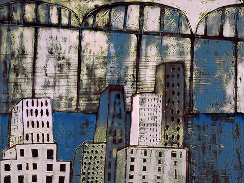 Cityscape with Bridge in Cool Blues