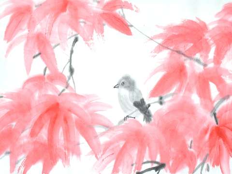 Red leaves and little bird
