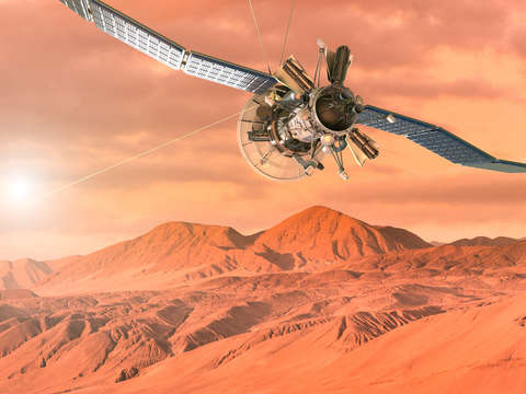 Spaceship exploring the surface of mars