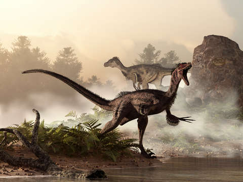 Velociraptors prowling the shoreline