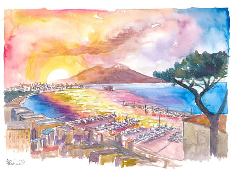 Spectacular sunrays over napoli italy with vesuviu