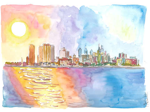 Philadelphia pennsylvania golden sunset and waterf