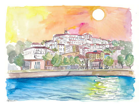 Coimbra romantic sunset over old town in portugal