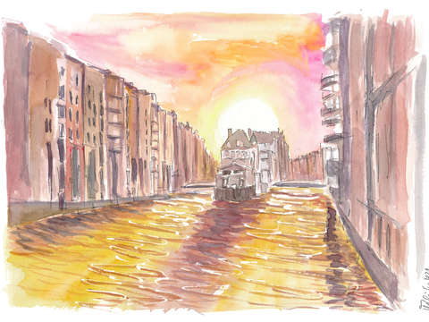 Sunset in hamburg with inimitable historic speiche