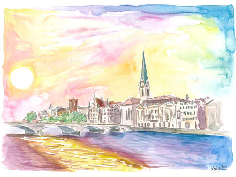 Sunset over zurich switzerland with limmat river