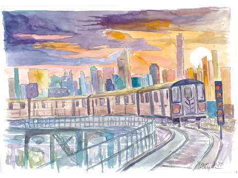Queens subway line 7 at sunset over manhattan
