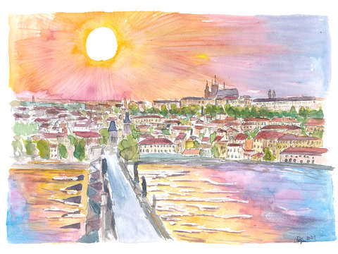 Prague sunset view of charles bridge and castle