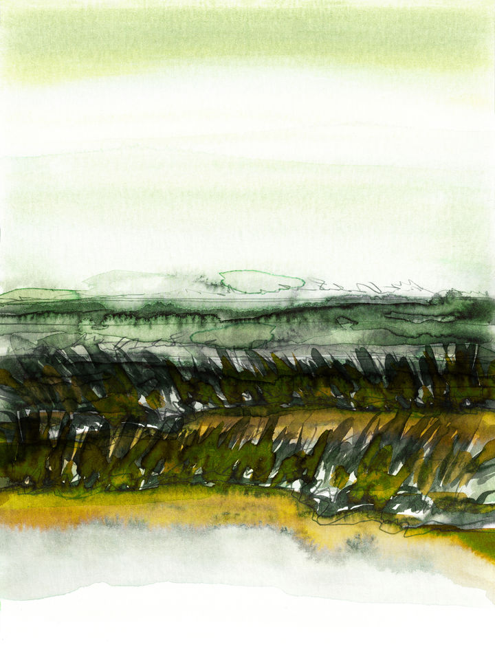 FIELD ON A WINDY DAY 1 - WATERCOLOR LANDSCAPE