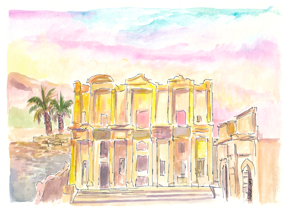 Ancient Ephesus with Roman Ruins of Celsus Library in warm Sunlight 
