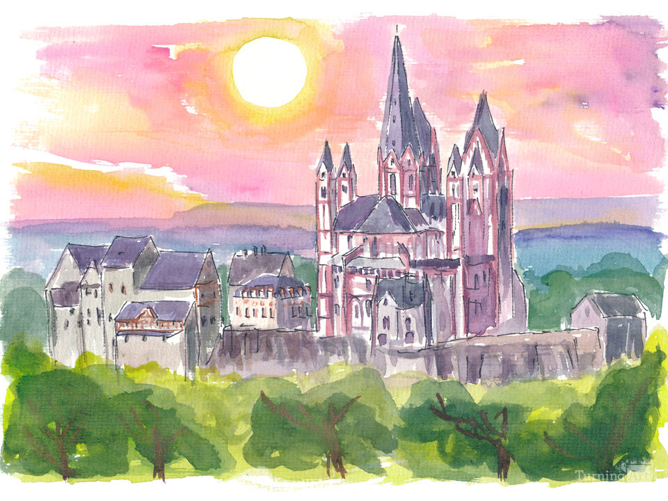Limburg Cathedral Watercolor Sunset Scene