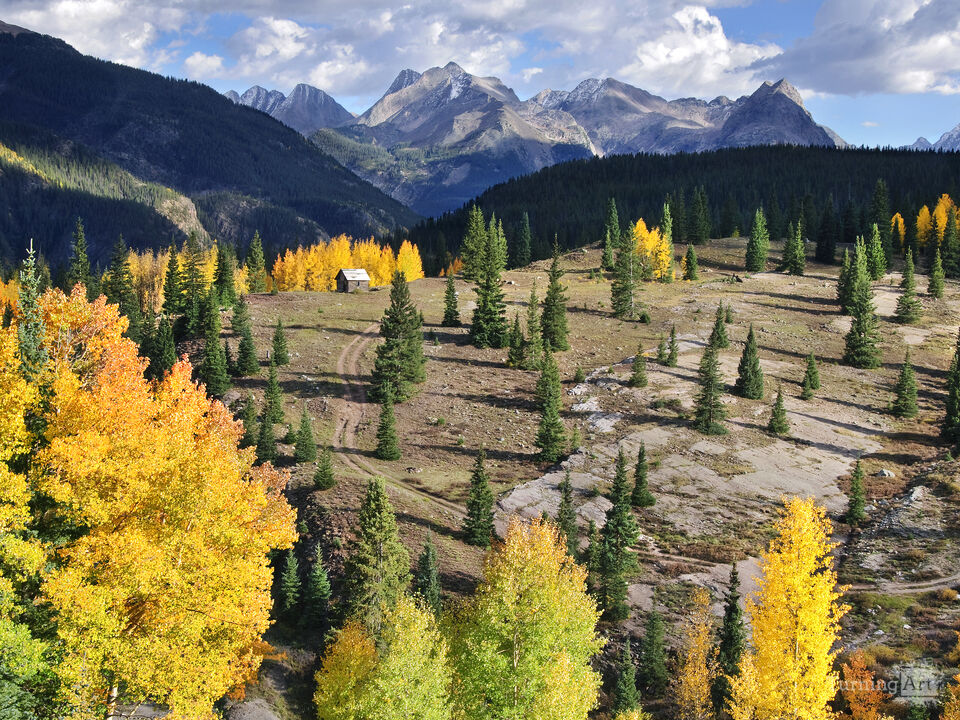 Lonely Rocky Mountain cabin in autumn