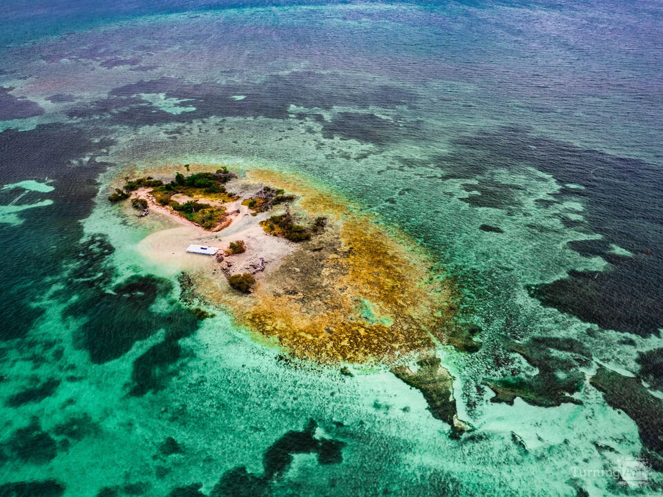 Aerial image of a colorful atoll in the Keys