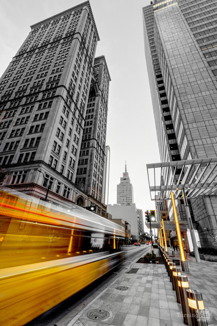 Moving Bus Downtown Dallas Selective Color