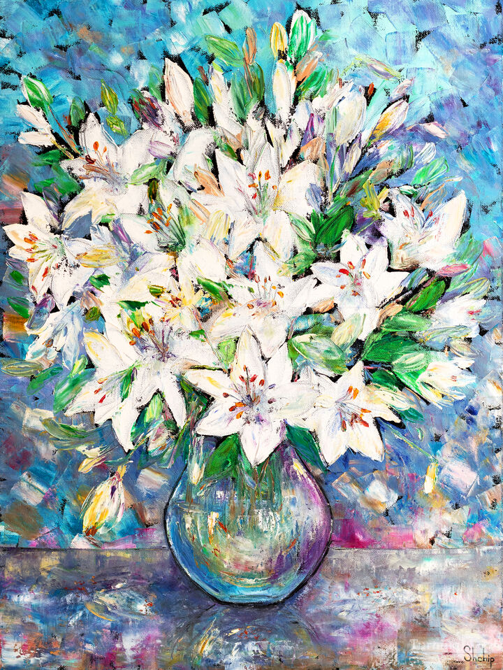Morning Bouquet of White Lilies .