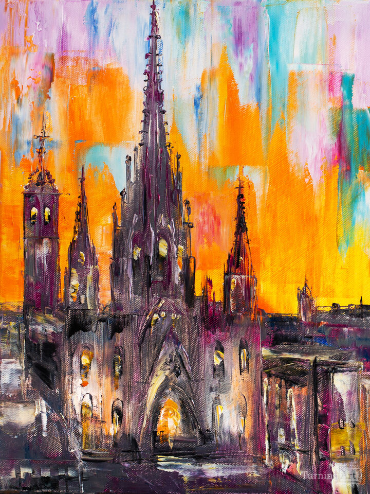 Barcelona Cathedral In The Orange Dawn.