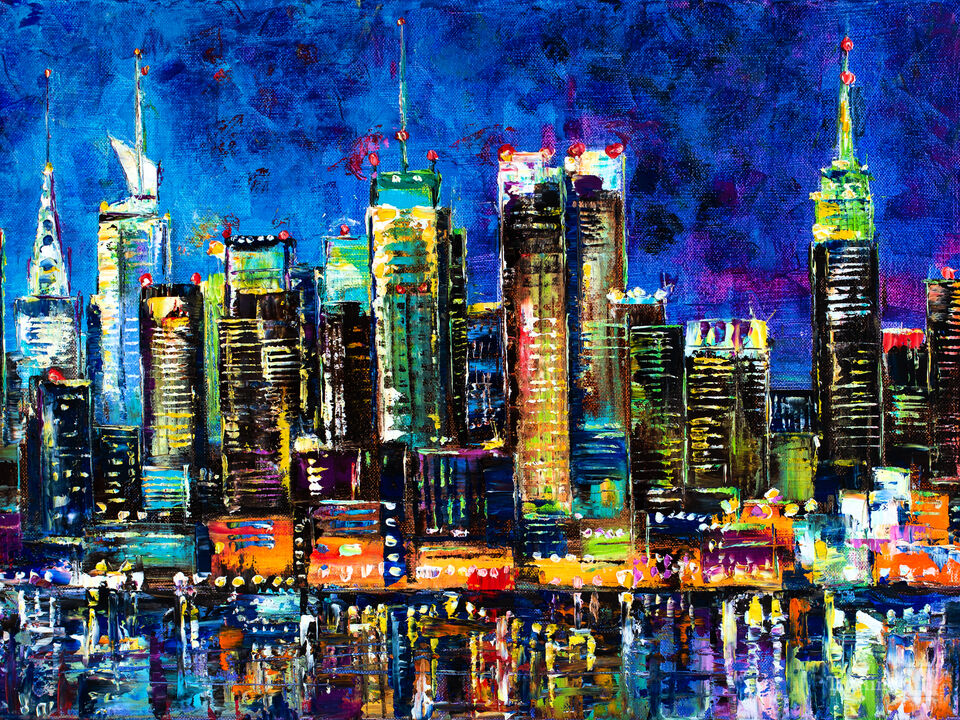 Manhattan at Night. Skyscrapers and Lights.