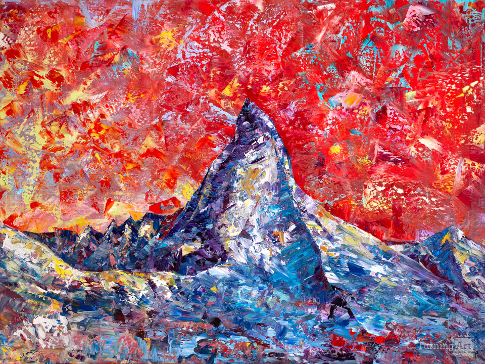 Mountain Matterhorn Under The Red Sky. Alps.