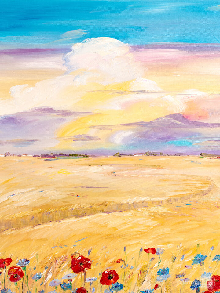 Poppies and Cornflowers Near a Wheat Field.