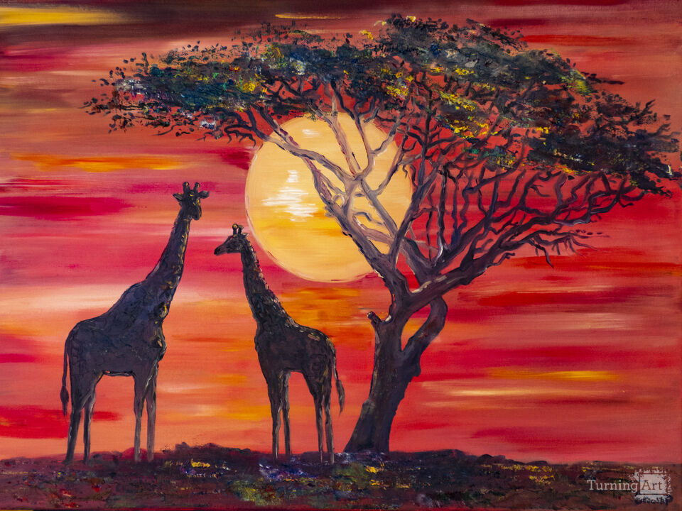 The sun. Giraffes. Tree.