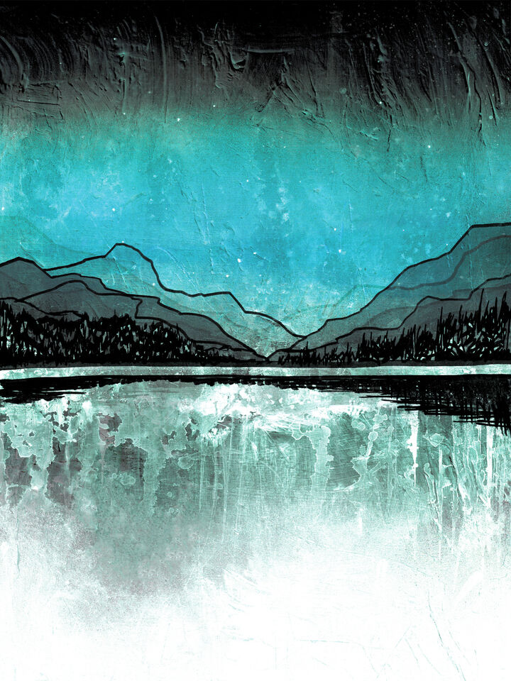MIDNIGHT MOUNTAINS 9 AQUA TEAL BLUE GREEN WINTER LANDSCAPE