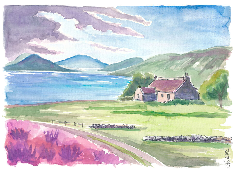 Highlands Heather Path to Cottage by the Loch