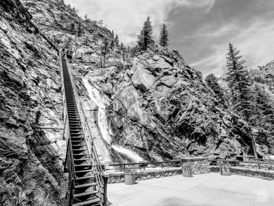Looking Up Seven Falls Stairs Grayscale