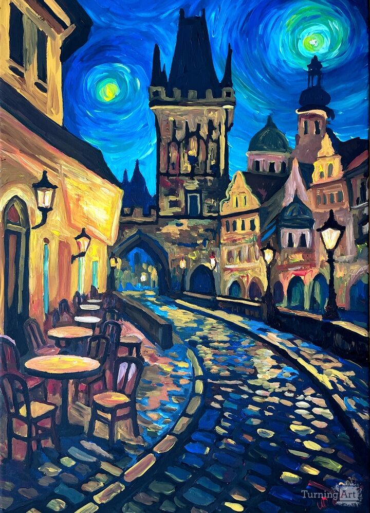 Night Cafe in Prague Czechia Old Town with Stars