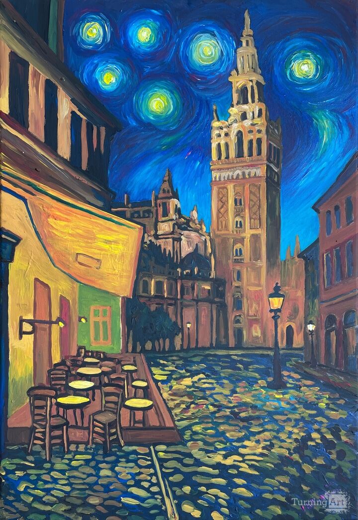 Night Cafe in Seville Spain Giralda with Stars